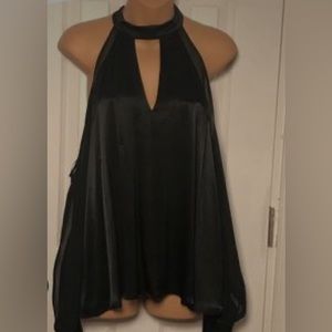 Zara black silky blouse, cold shoulder.